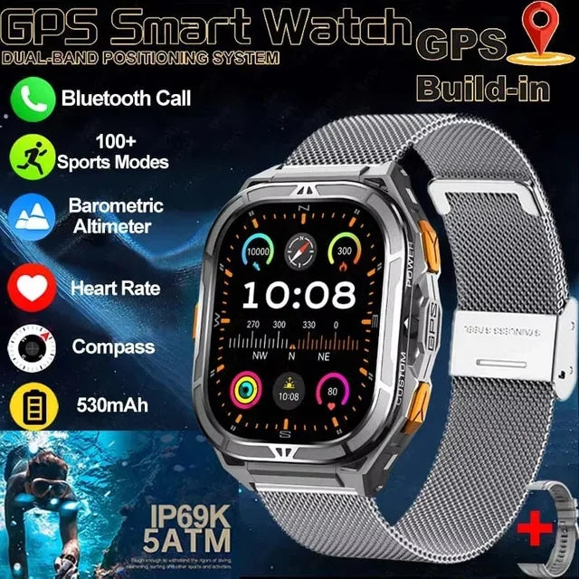 Military GPS Smart Watch - 5ATM Waterproof Bluetooth Call Compass Heart Rate