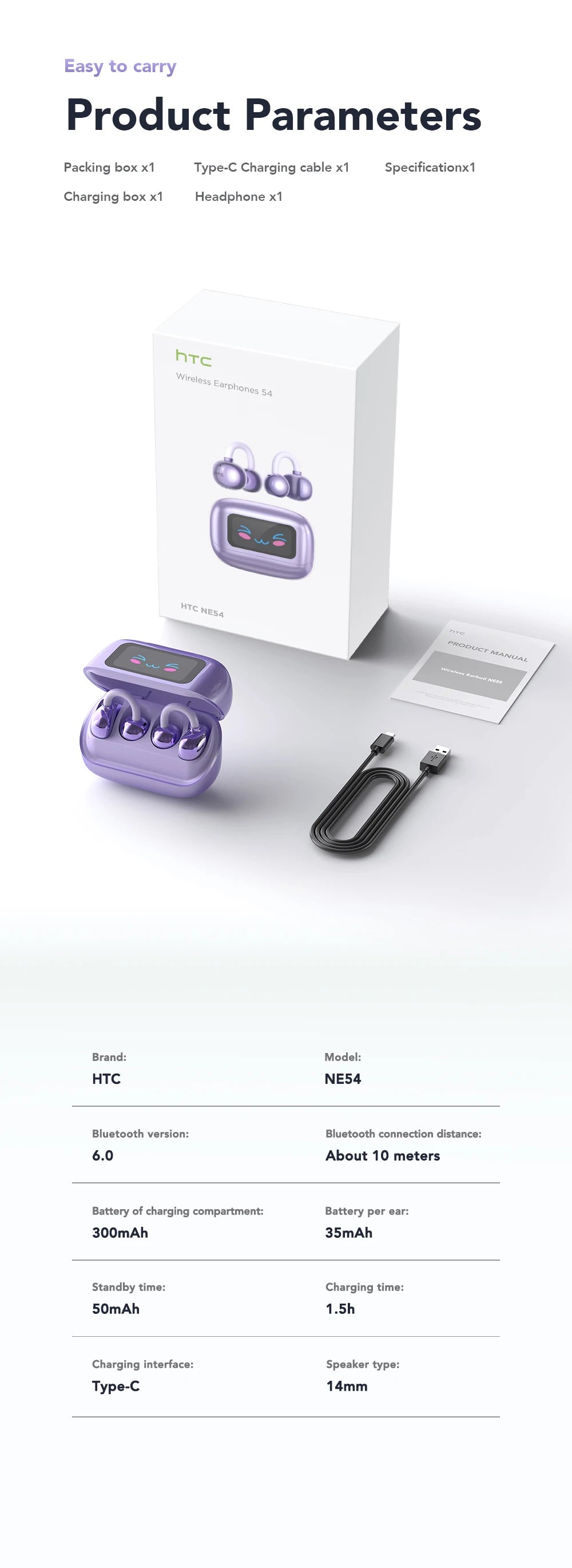 HTC NE54 AI Translator Earbuds - LCD Screen, Ear Clip Design