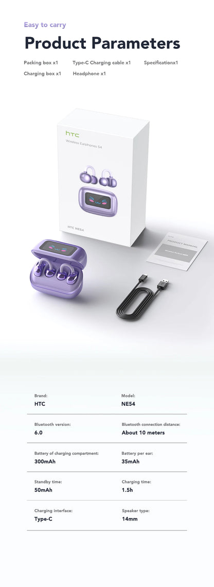 HTC NE54 AI Translator Earbuds - LCD Screen, Ear Clip Design