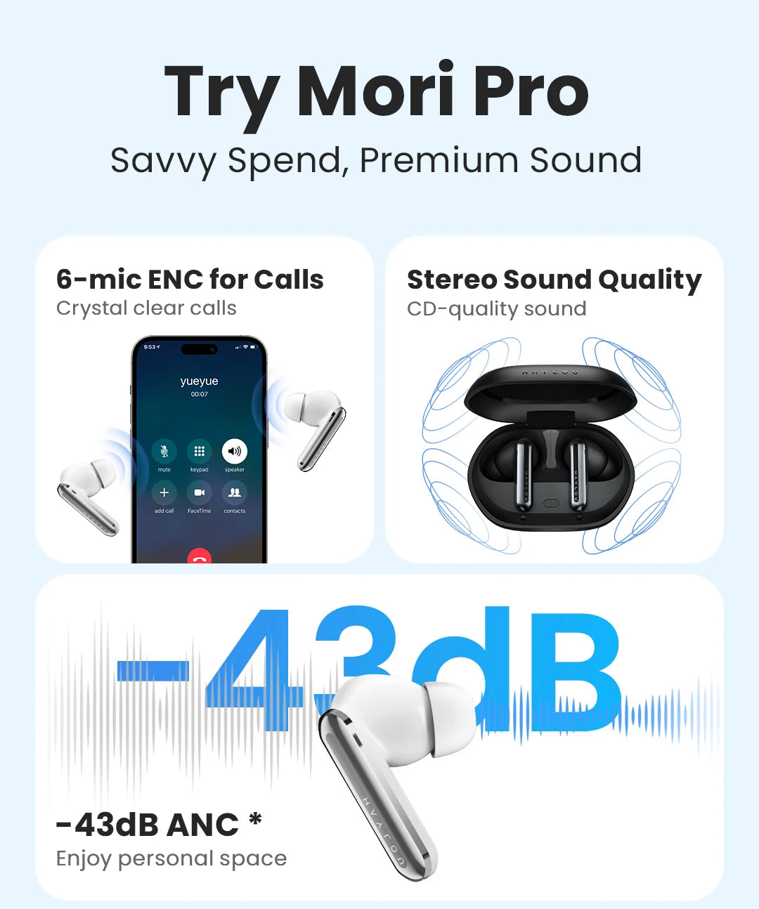HAYLOU Mori Pro Wireless Earbuds - 43dB ANC, Bluetooth 5.4