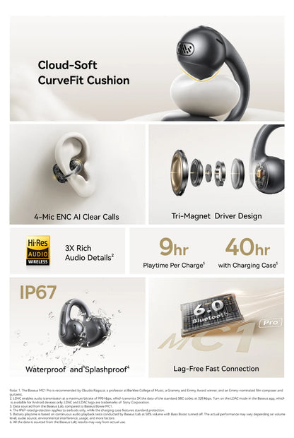 Baseus MC1 Pro Ear Clip Wireless Earphones Bluetooth 6.0 Hi-Res Ultra Open Earbuds earrings 4-Mic ENC Clip on ear buds Headphone