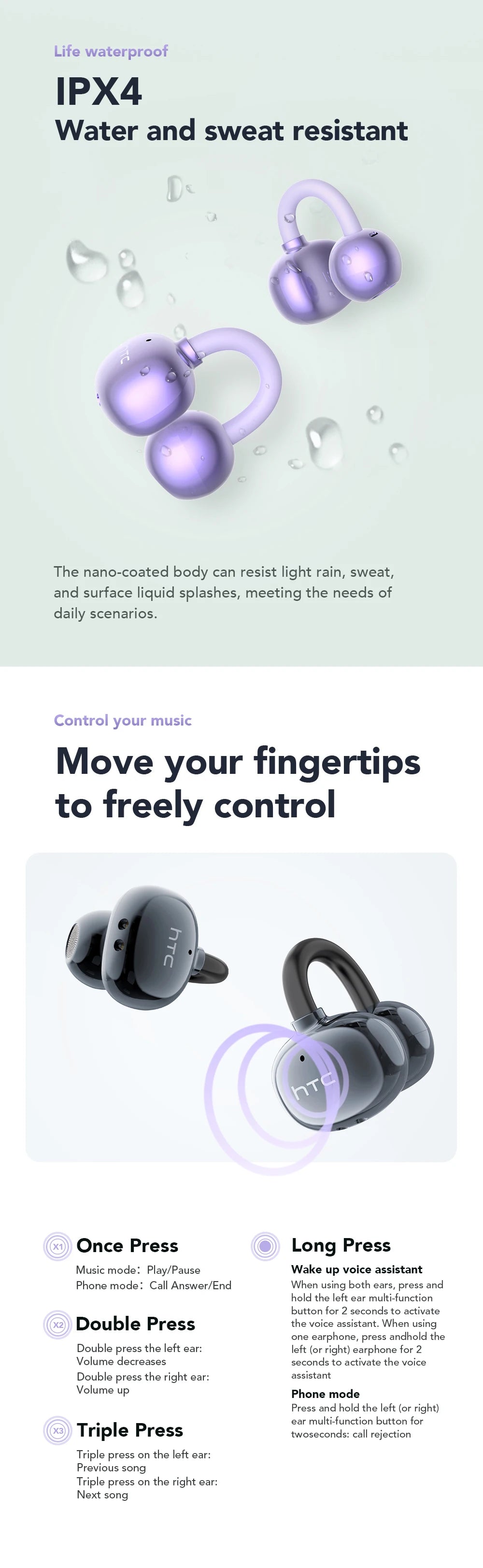 HTC NE54 AI Translator Earbuds - LCD Screen, Ear Clip Design