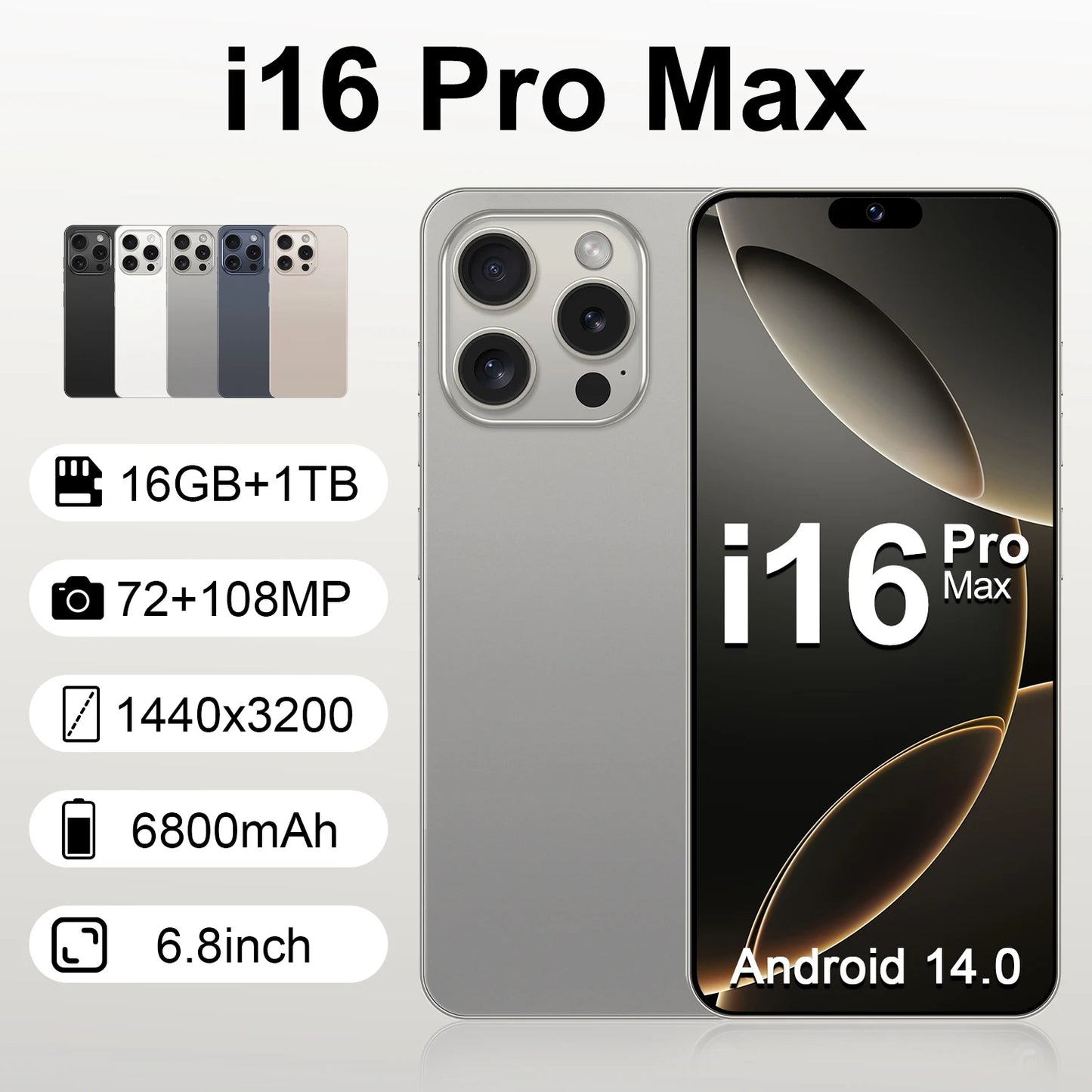 I16 Pro Max 2026 New HOT 6.8inch HD Global Edition Original Smart Dual Card 6800mAh Battery Facial Recognition Function