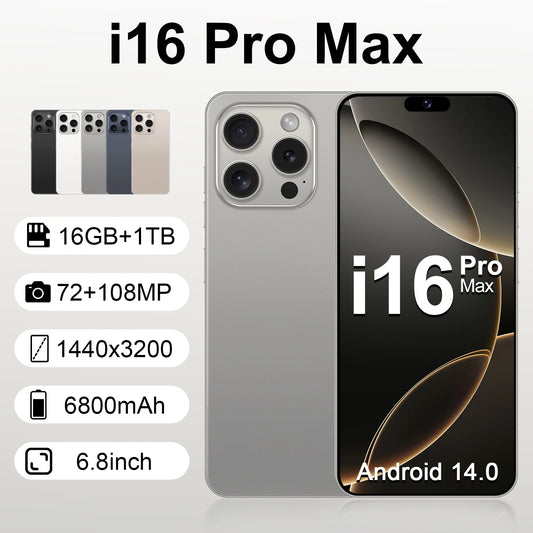 I16 Pro Max 2026 New HOT 6.8inch HD Global Edition Original Smart Dual Card 6800mAh Battery Facial Recognition Function