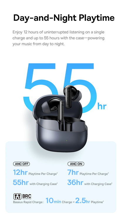 Baseus EP10 Pro ANC Earbuds Wireless Bluetooth 6.0 Earphones 50dB Realtime Adaptive Headphones 6 Mic Hi-Res LDAC IP55  Ear buds