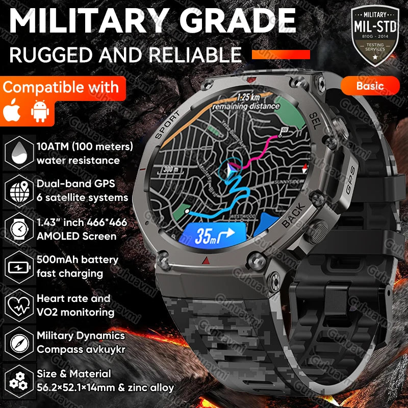 T-Rex 3 Pro Military GPS Smartwatch - 10ATM, 500mAh, Dual-Band GPS