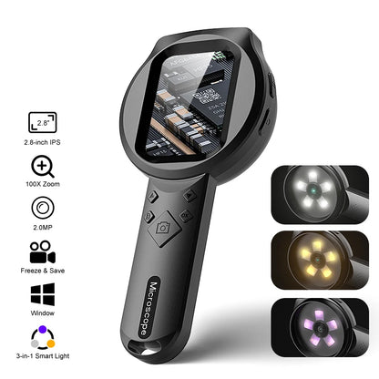 2.8'' IPS Digital Magnifier HD 1080P 100X Portable Microscope Handheld Mignifying Glass for Electronics Repair Check Jewelry