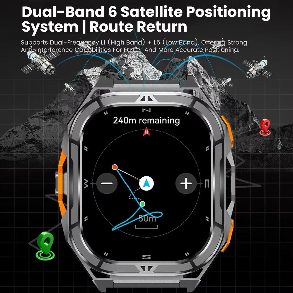 Military GPS Smart Watch - 5ATM Waterproof Bluetooth Call Compass Heart Rate