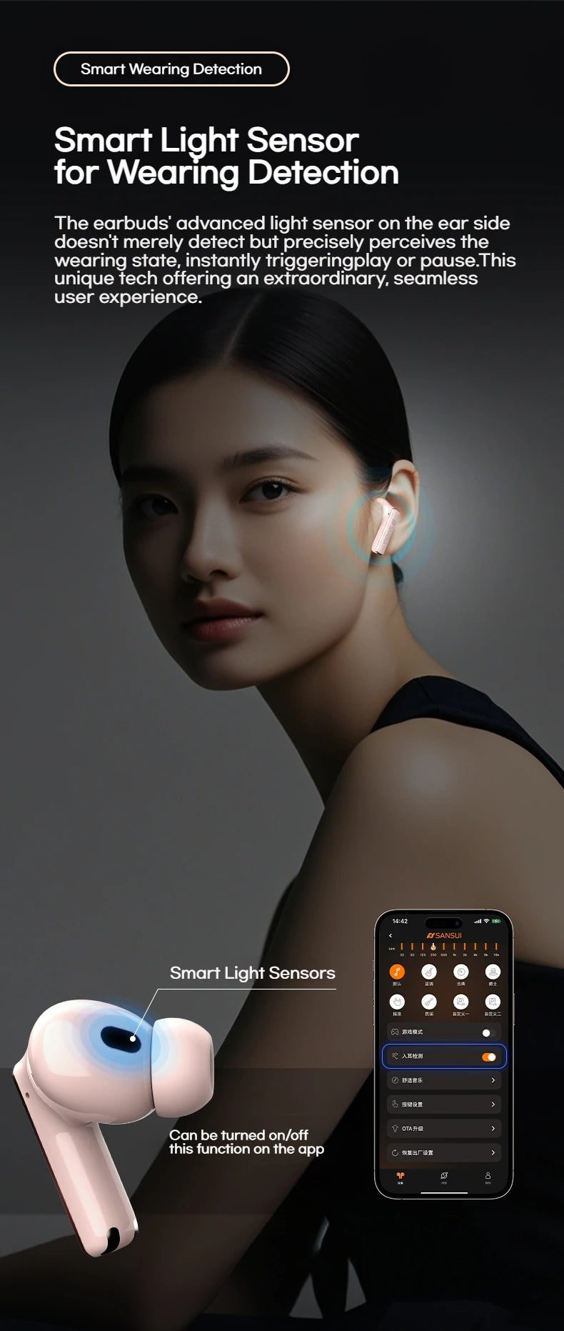 Sansui ANC Bluetooth TWS Earbuds -52dB Active Noise Cancelling Bluetooth 5.4 Headphone Ture Wireless Earphones 6 Mic HD Calls