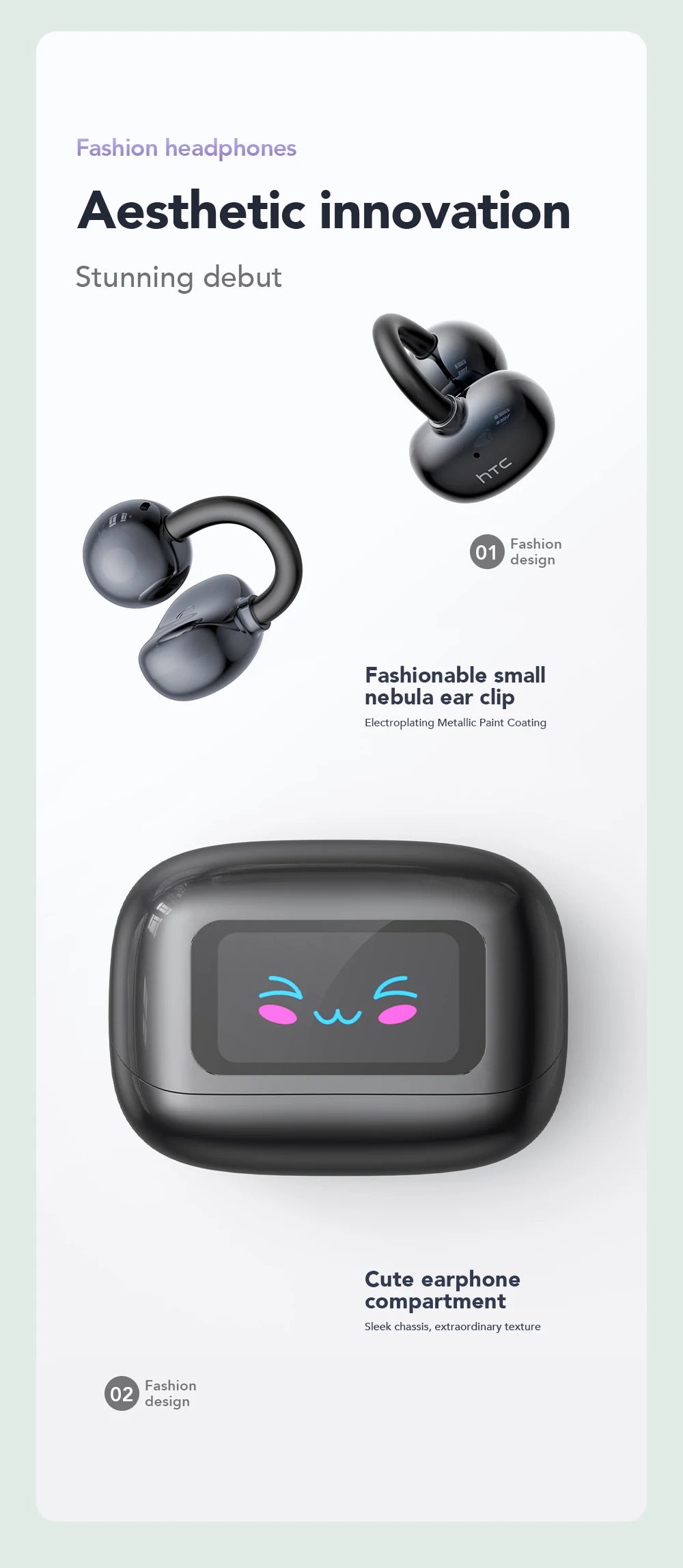 HTC NE54 AI Translator Earbuds - LCD Screen, Ear Clip Design