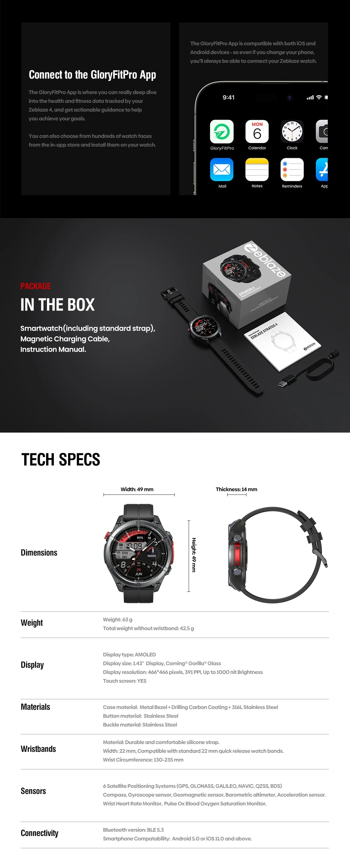 Zeblaze Stratos 4 GPS Smartwatch - 1.43" AMOLED, Compass, Altimeter