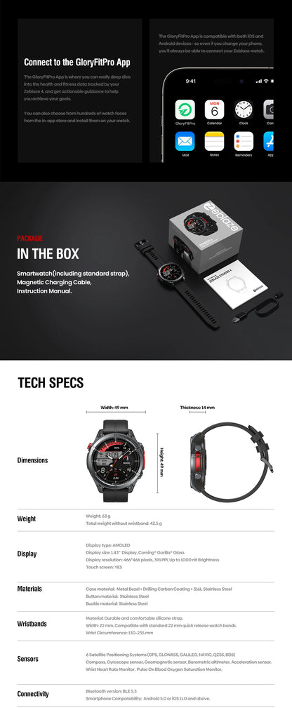 Zeblaze Stratos 4 GPS Smartwatch - 1.43" AMOLED, Compass, Altimeter