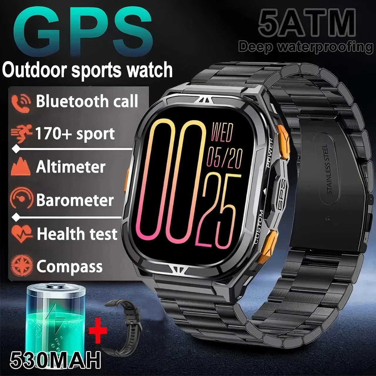 Military GPS Smart Watch - 5ATM Waterproof Bluetooth Call Compass Heart Rate