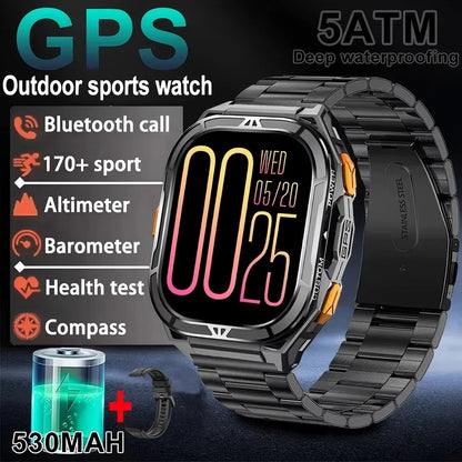 Military GPS Smart Watch - 5ATM Waterproof Bluetooth Call Compass Heart Rate