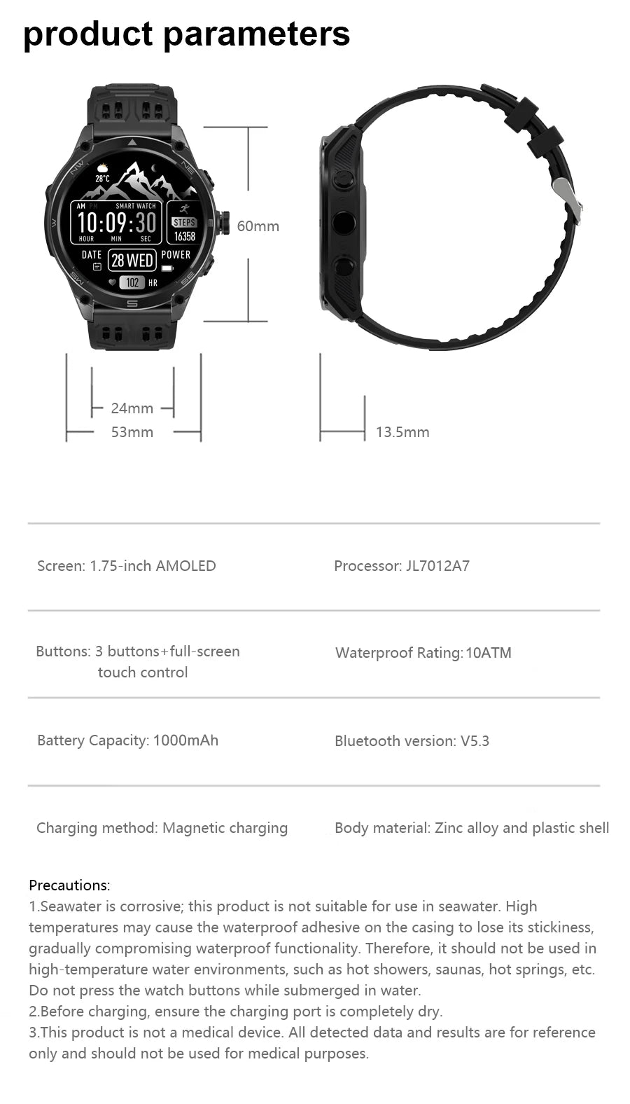 Men's GPS Smartwatch - 1.75" AMOLED, 10ATM, 1000mAh Battery