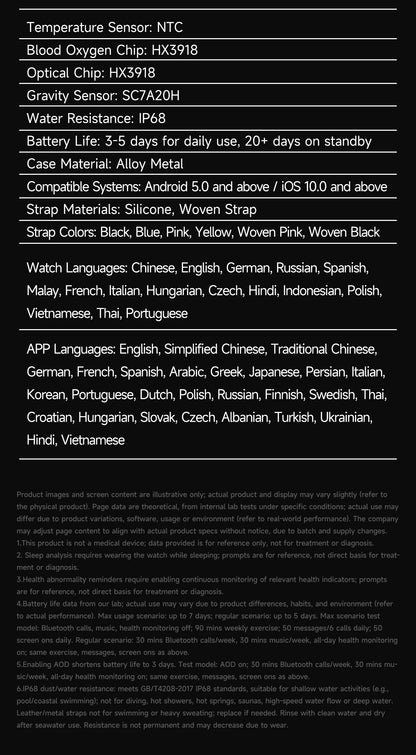 AI Smart Watch - HRV+PPG Blood Pressure Monitor, IP68 Waterproof