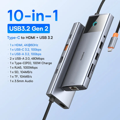 Baseus USB C HUB Dual HDMI 8K 4K Adapter 10-in-1 USB 3.2 10Gbps Splitter with RJ45 SD TF Type C PD 100W for MacBook Pro Air HUB