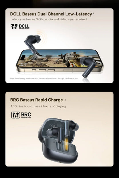 Baseus Bowie M2s Ultra Wireless Earphones Smart Screen 52dB Noise Cancelling Bluetooth 5.4 Headphones 3D Audio Spatial Earbuds