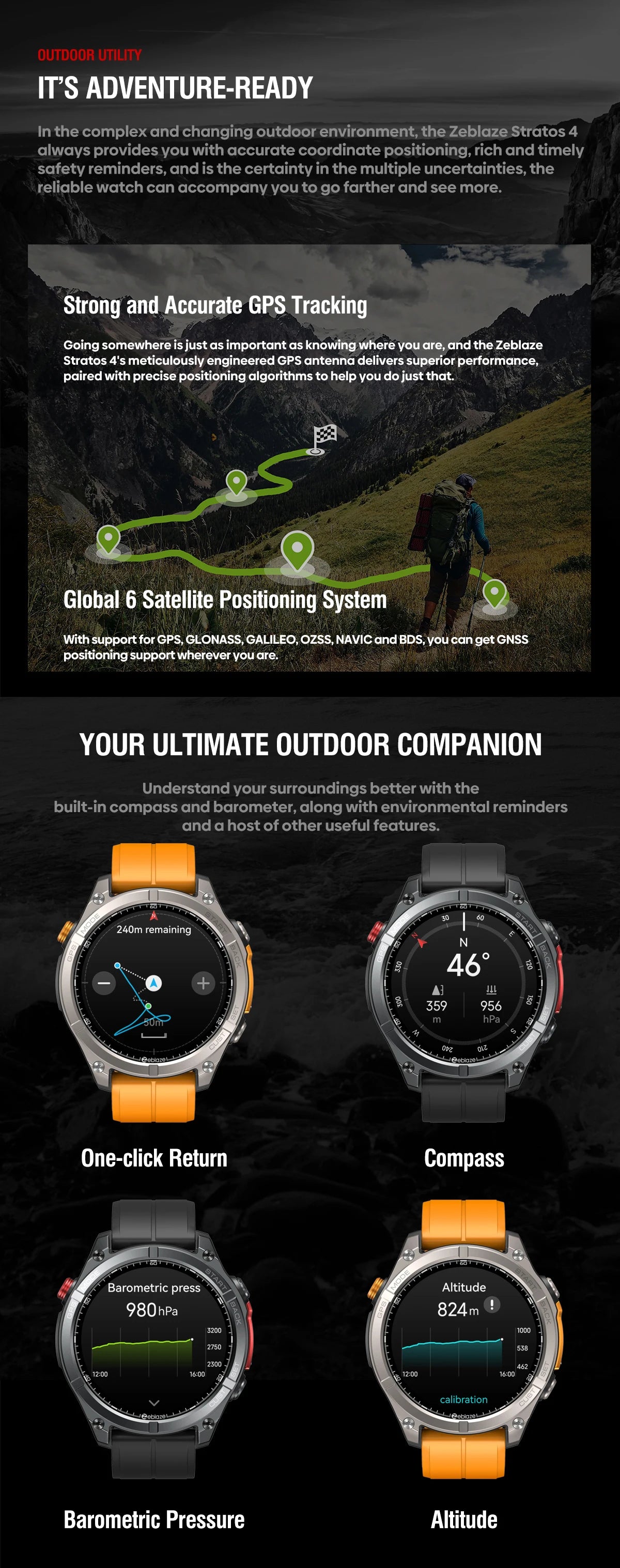 Zeblaze Stratos 4 GPS Smartwatch - 1.43" AMOLED, Compass, Altimeter