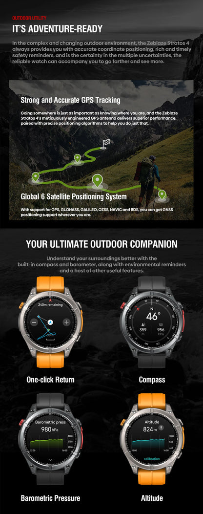 Zeblaze Stratos 4 GPS Smartwatch - 1.43" AMOLED, Compass, Altimeter
