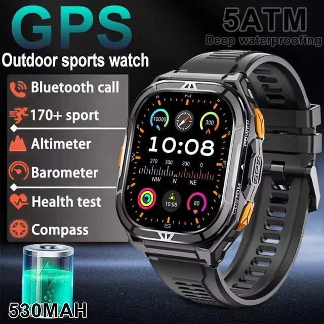 Military GPS Smart Watch - 5ATM Waterproof Bluetooth Call Compass Heart Rate