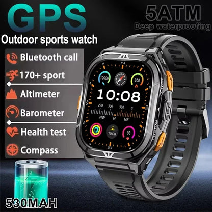 Military GPS Smart Watch - 5ATM Waterproof Bluetooth Call Compass Heart Rate