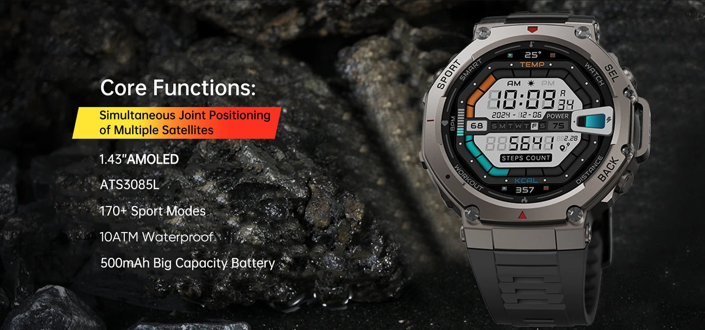 T-Rex 3 Pro Military GPS Smartwatch - 10ATM, 500mAh, Dual-Band GPS