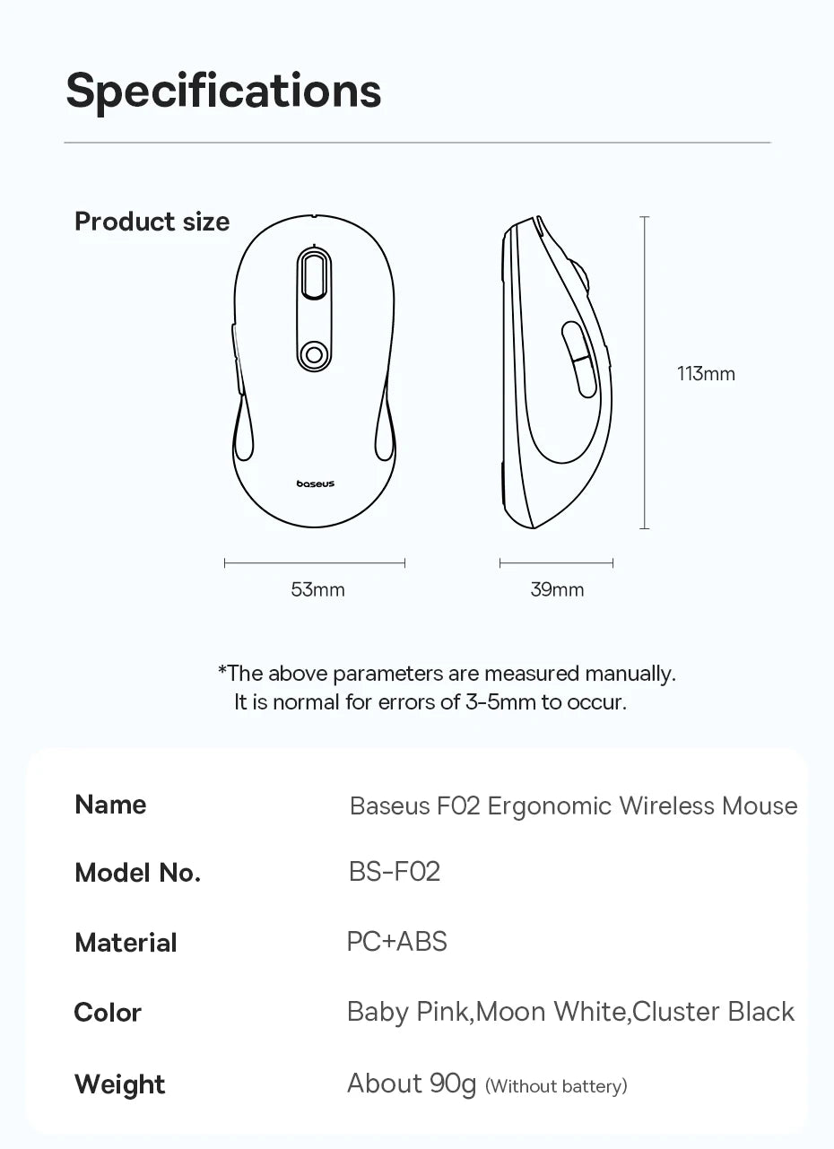 Baseus F02 Wireless Mouse Bluetooth 5.2 2.4G 4000DPI Ergonomic 7 Mute Buttons Mice for iPad MacBook Tablet Laptop Computer Mouse
