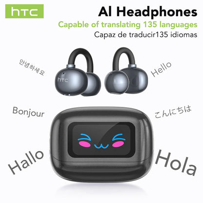 HTC NE54 AI Translator Earbuds - LCD Screen, Ear Clip Design