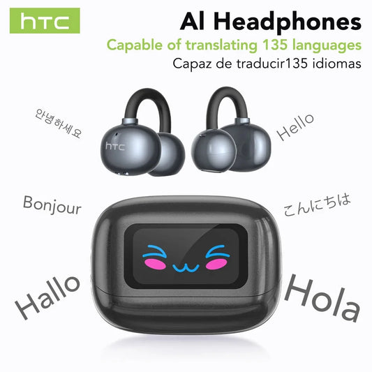 HTC NE54 AI Translator Earbuds - LCD Screen, Ear Clip Design