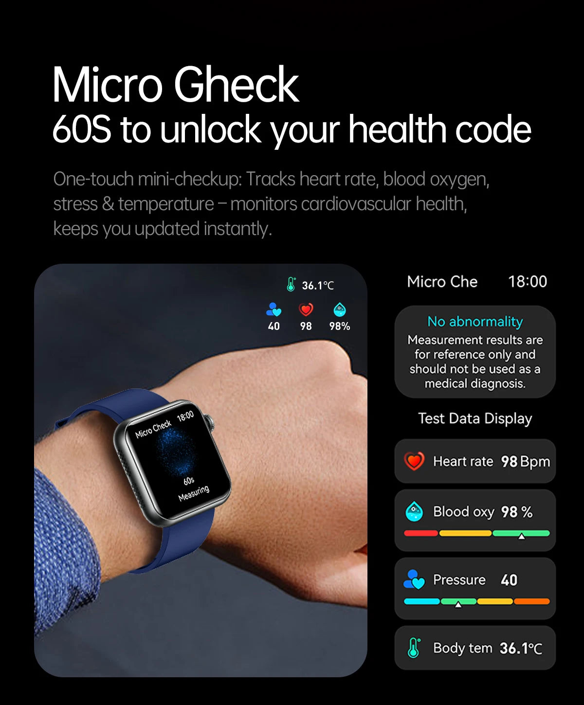 AI Smart Watch - HRV+PPG Blood Pressure Monitor, IP68 Waterproof