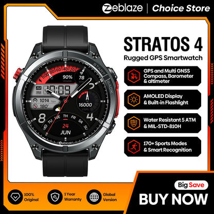 Zeblaze Stratos 4 GPS Smartwatch - 1.43" AMOLED, Compass, Altimeter