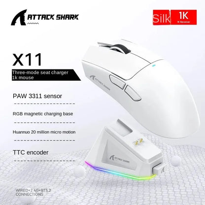Attack Shark X11SE X11 PAW3311 Bluetooth Mouse, Triple Mode Connectivity, Touch Magnetic Charging Dock, Ultra-Light Gaming Mouse