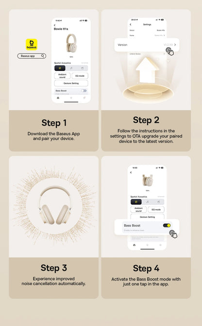 Baseus Bowie H1s Wireless Headphones Bluetooth 5.4 Noise Canceling 46dB Over Ear Headset Hi-Res Spatial Audio Earphone 120H Time