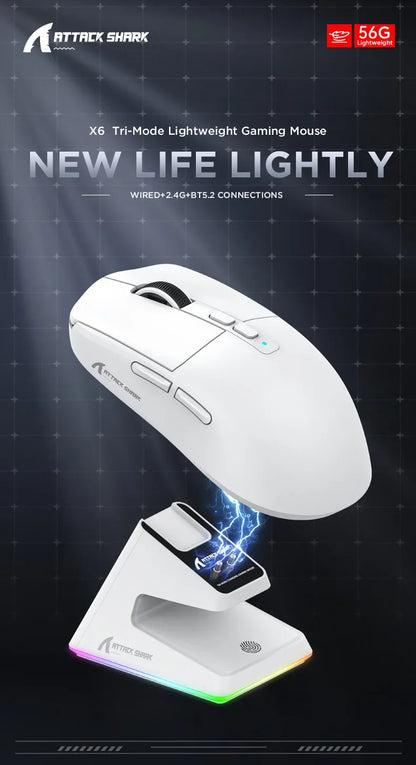 Attack Shark X6 Wireless Ergonomic Gaming Mouse Adjustable DPI Wired 2.4G/Bluetooth High Precision Rechargeable Mice