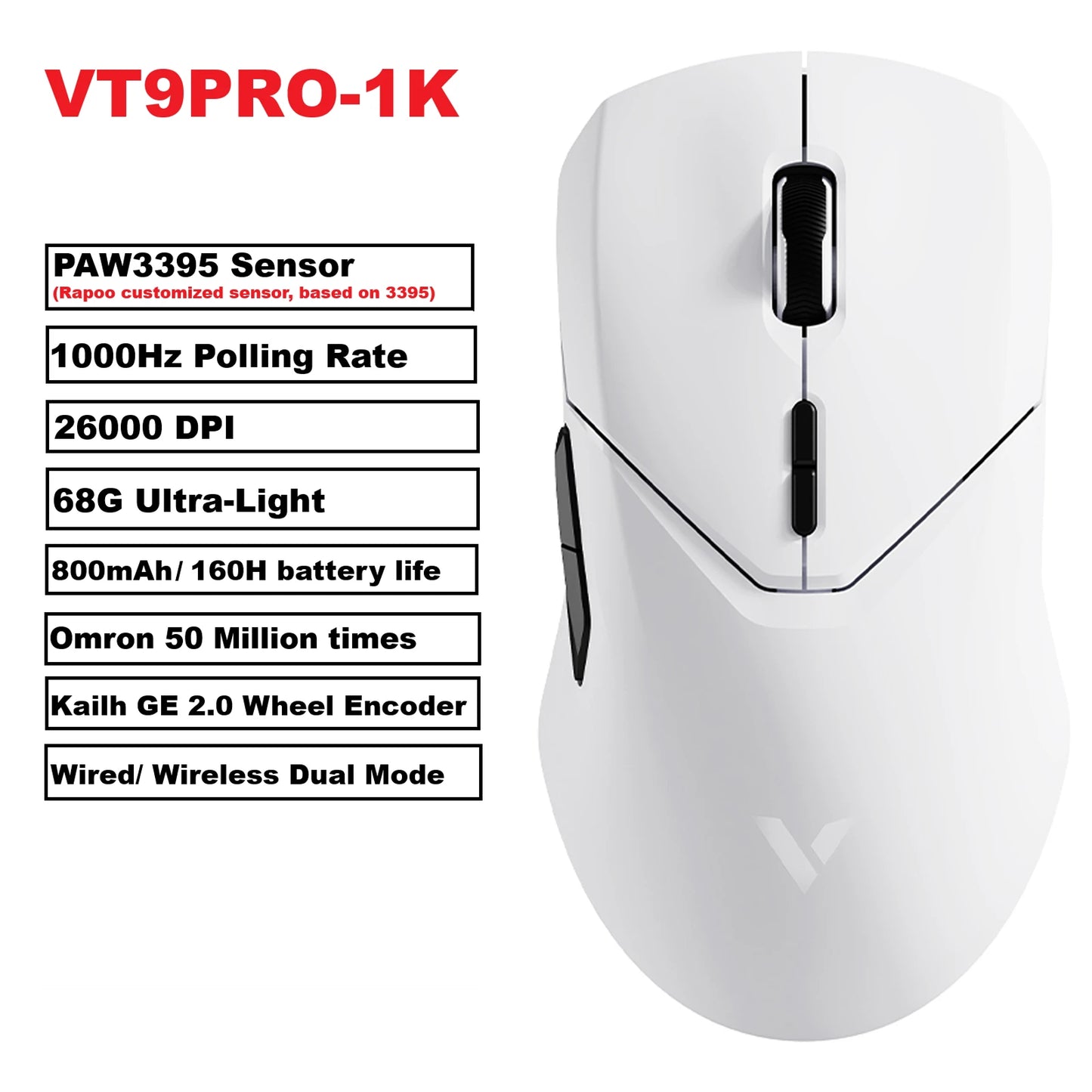 Rapoo VT9PRO PAW3398 Wireless Gaming Mouse 26000DPI 68g Lightweight Wired Wireless Mouse 160H Super Long Battery Life