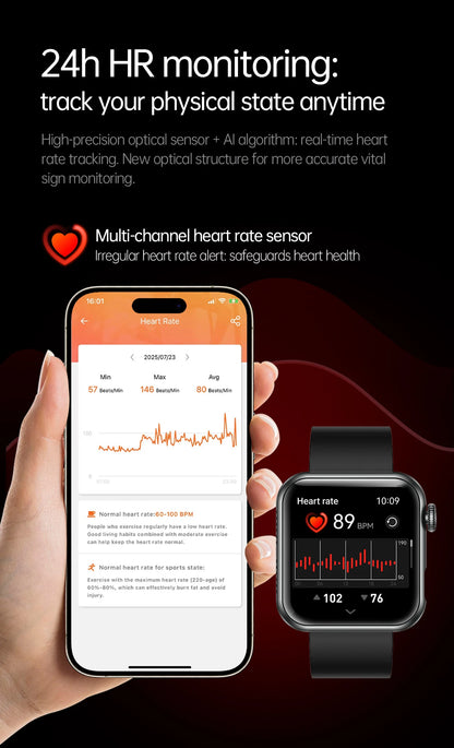 AI Smart Watch - HRV+PPG Blood Pressure Monitor, IP68 Waterproof