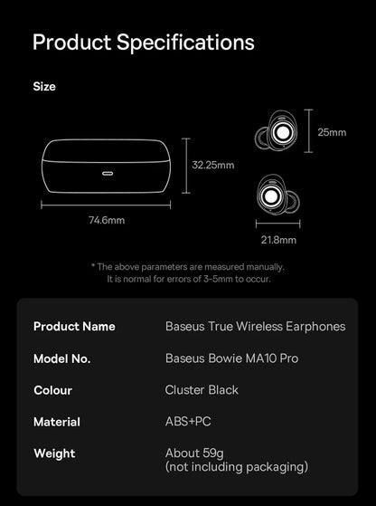 Baseus Bowie MA10 Pro ANC Wireless Earphones 48dB Hybrid ANC Bluetooth 5.3 Earbuds IPX6 Waterproof 4-Mics ENC Sports Headphones