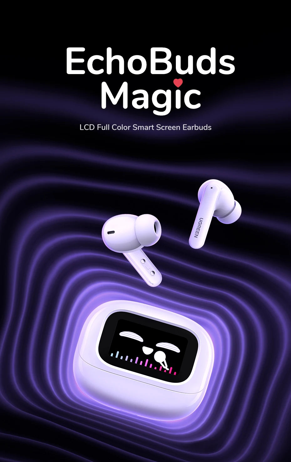 UGREEN LCD Full Color Smart Screen Wireless TWS Bluetooth Earphones Earbuds 52dB Active Noise Cancelling ANC In Ear Headphones