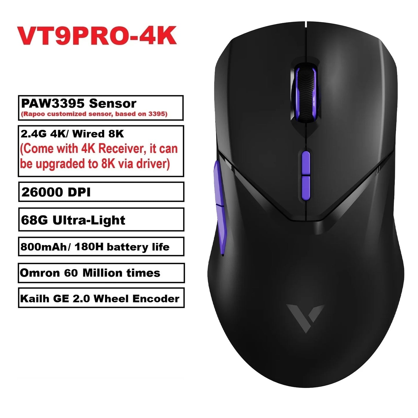 Rapoo VT9PRO PAW3398 Wireless Gaming Mouse 26000DPI 68g Lightweight Wired Wireless Mouse 160H Super Long Battery Life