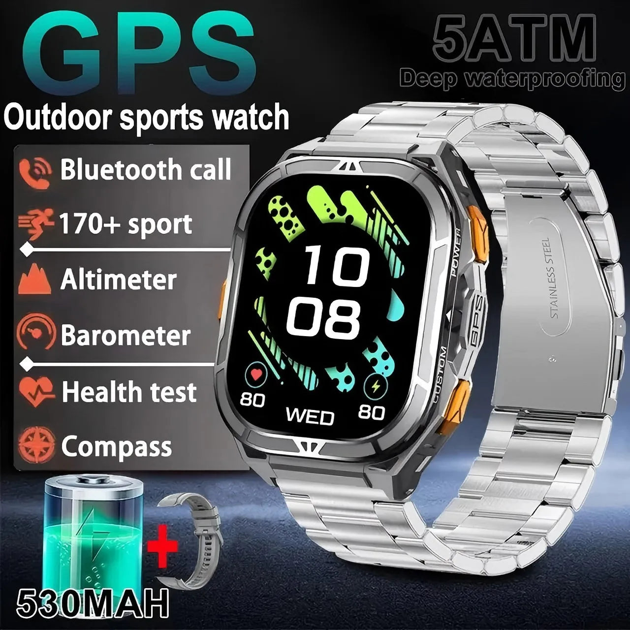 Military GPS Smart Watch - 5ATM Waterproof Bluetooth Call Compass Heart Rate