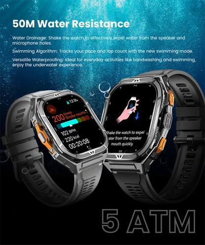 Military GPS Smart Watch - 5ATM Waterproof Bluetooth Call Compass Heart Rate