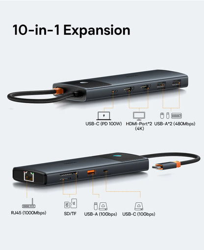 Baseus USB C HUB Dual HDMI 8K 4K Adapter 10-in-1 USB 3.2 10Gbps Splitter with RJ45 SD TF Type C PD 100W for MacBook Pro Air HUB