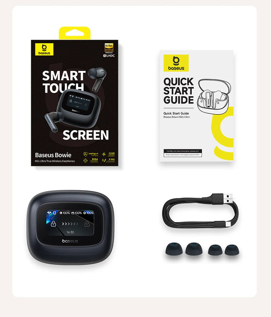 Baseus Bowie M2s Ultra Wireless Earphones Smart Screen 52dB Noise Cancelling Bluetooth 5.4 Headphones 3D Audio Spatial Earbuds