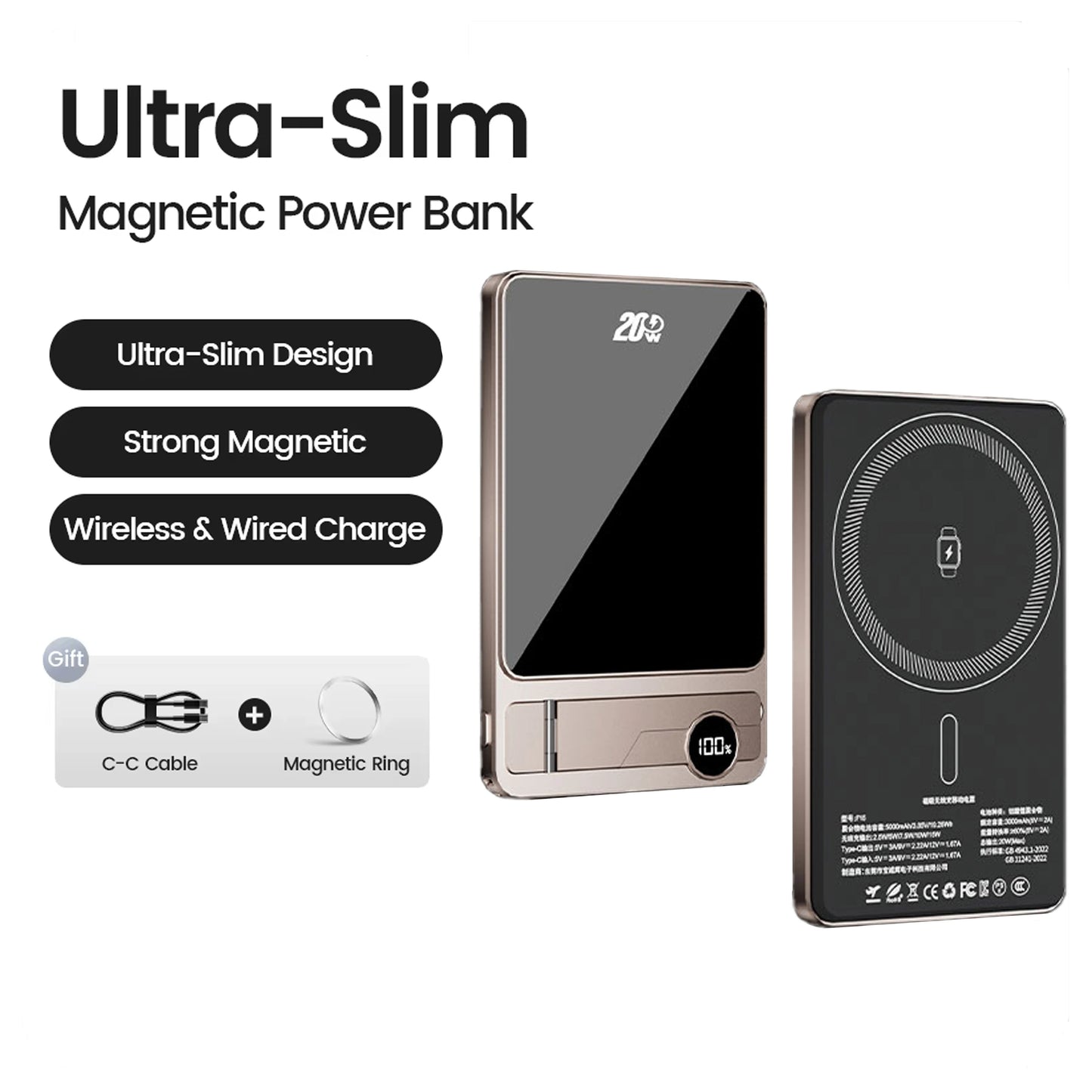 10000mAh Ultra Slim Power Bank for MagSafe,Magnetic Wireless 20W Fast Charging Portable Battery For iPhone Samsung Xiaomi iWatch