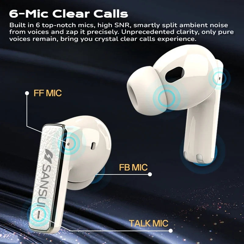 Sansui ANC Bluetooth TWS Earbuds -52dB Active Noise Cancelling Bluetooth 5.4 Headphone Ture Wireless Earphones 6 Mic HD Calls