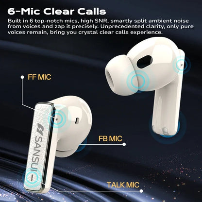 Sansui ANC TWS Earbuds - 52dB Noise Cancelling Bluetooth 5.4 6-Mic HD Calls