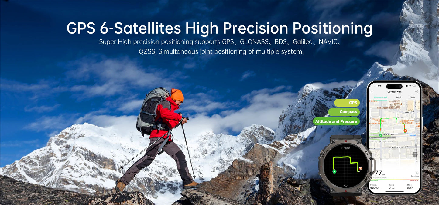 T-Rex 3 GPS Smart Watch - 10ATM Waterproof Dual-band GNSS Military Smartwatch