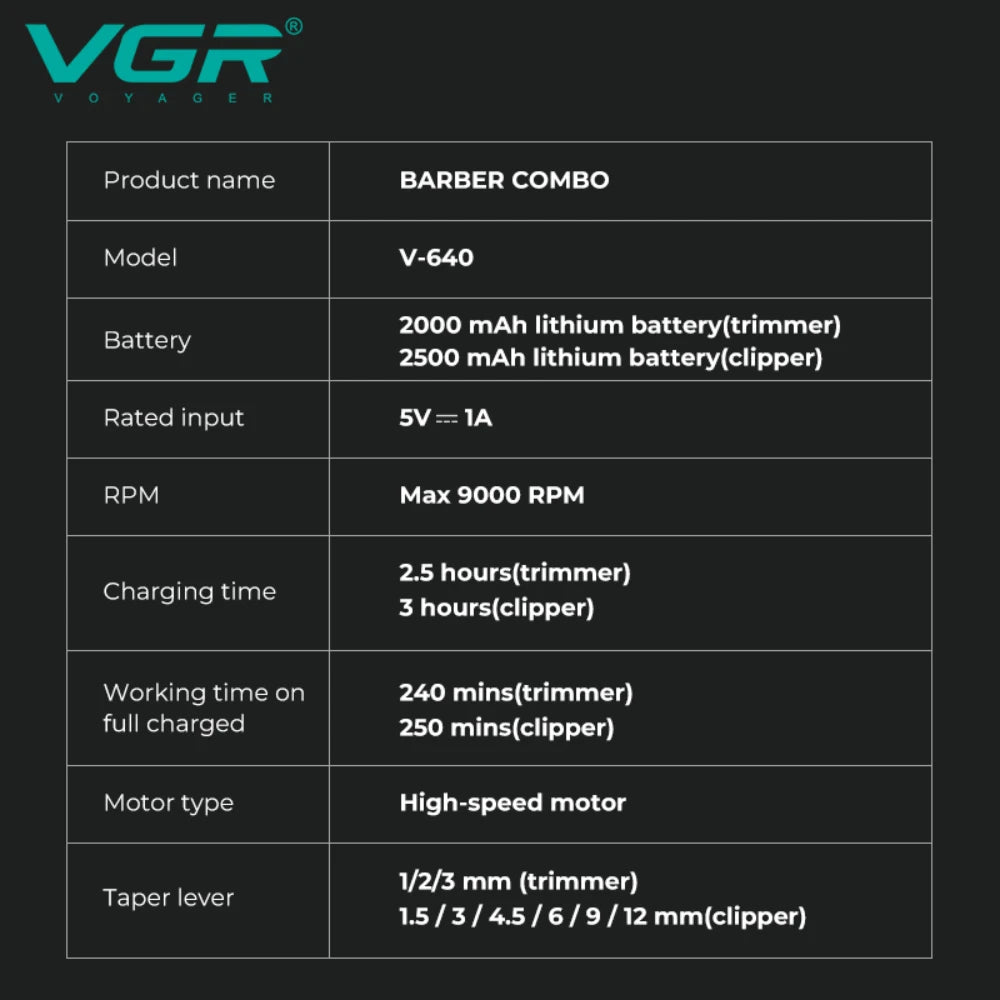 VGR V-640 Professional Hair Clipper - 9000 RPM Rechargeable Trimmer for Men