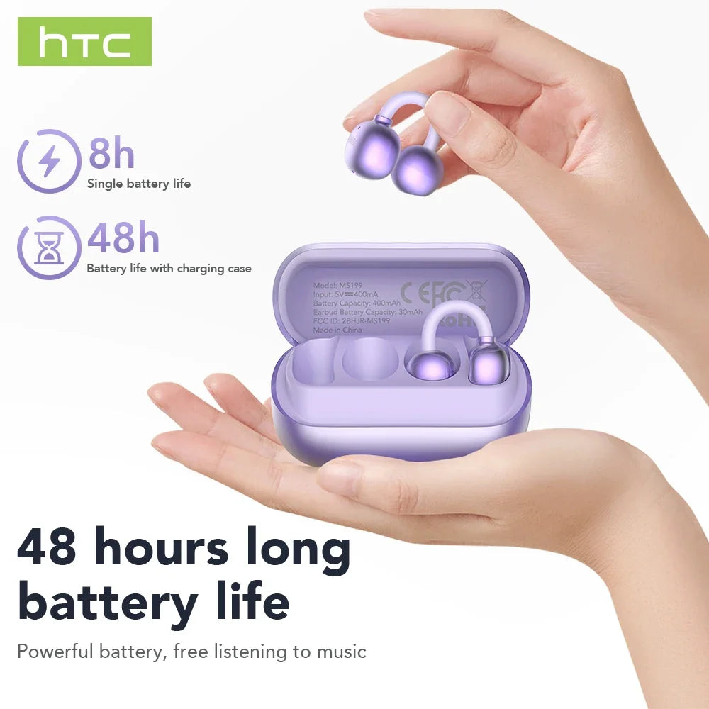 HTC NE54 AI Translator Earbuds - LCD Screen, Ear Clip Design